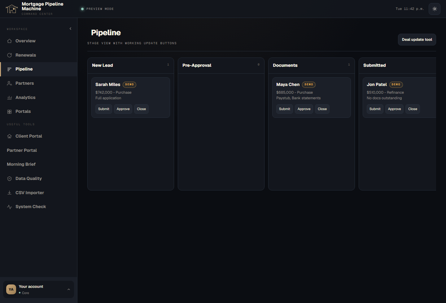 Mortgage Pipeline Machine pipeline board with deal cards and update buttons by stage